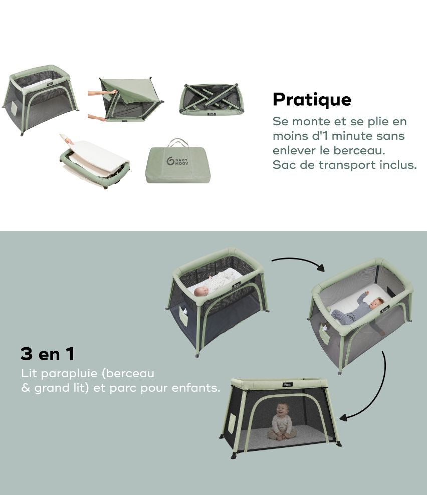 Lit parapluie utilisable dès la naissance et jusqu'à 4 ans - Berceau inclus - Moov & Comfy